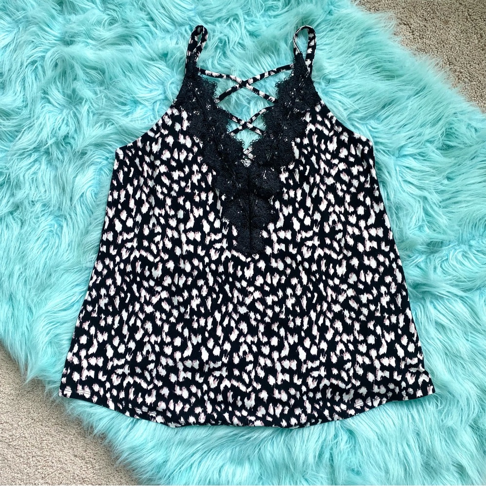 Maurices Black White & Pink Animal Print Leopard Lace Criss Cross Tank Top